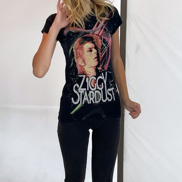 David Bowie Ziggy Stardust Cap Sleeve Band Tee with Gold Splatter Design Size: M - Picture 2 of 14